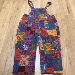 Patchwork Printed Cotton Overalls Jumpsuit Sz M